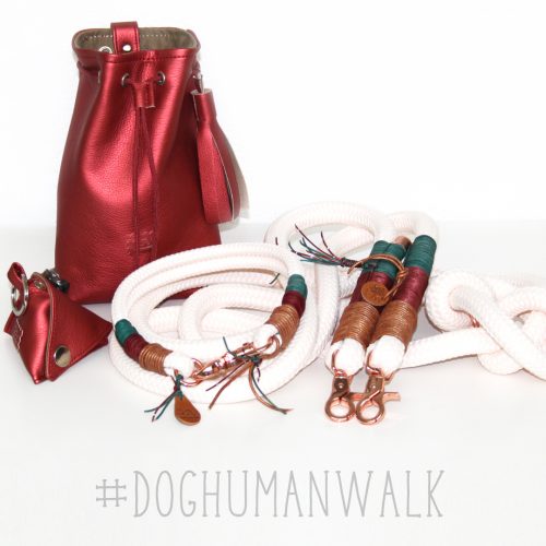 Hundeleine creme mit Leder Leckerlie beutelDog Human Walk