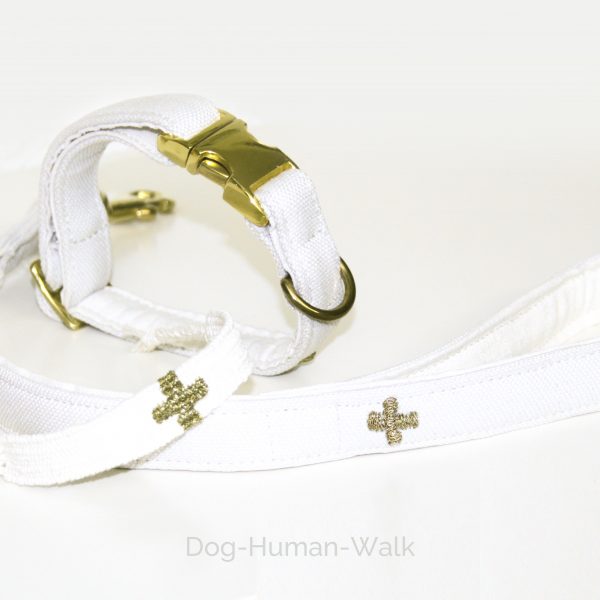Dog Human Walk Hundehalsband Hundeleine gewebtes Armband naturweiß gold kreuz