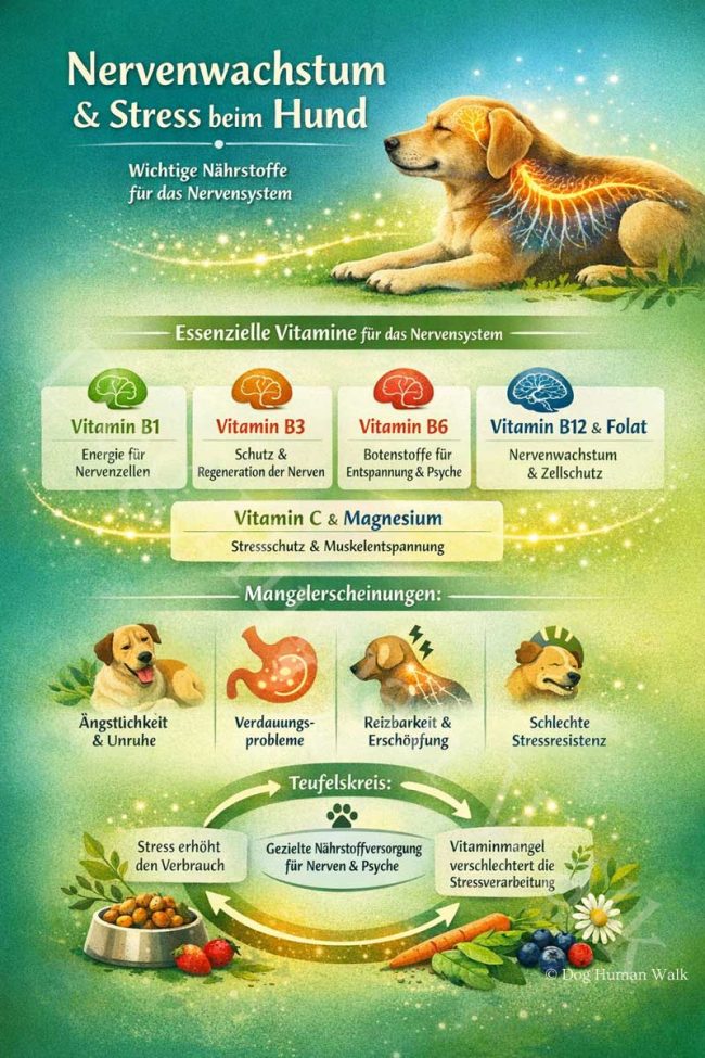Nervenwachstum und Vitaminmangel und Verhaltensprobleme beim Hund verstehen, Ursachen und Symptome erkennen und behandeln Dog Human Walk Tierheilpraktikerin Infografik